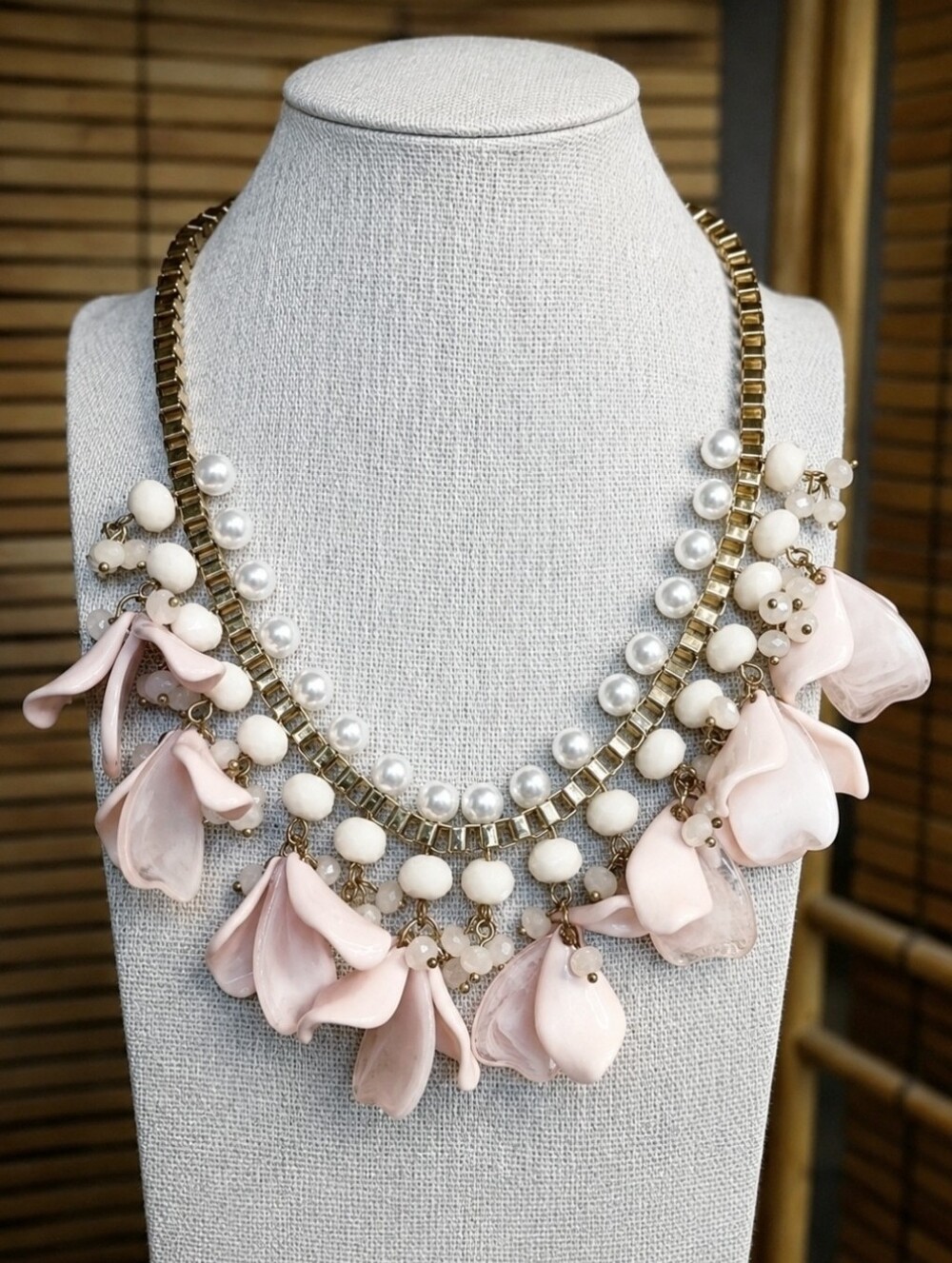 INC Nude Blush Pink Lucite Flower Petal Gold Tone Faux Pearl Rhinestone Necklace